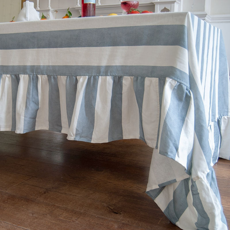 Blue Striped Rectangle Tablecloth Ruffle Elvie & Skye Limited