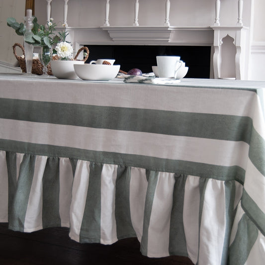 Sage Striped Rectangle Tablecloth Ruffle Elvie & Skye Limited